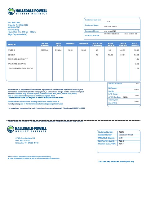 USA Hallsdale Powell business utility bill template in Word and PDF formats